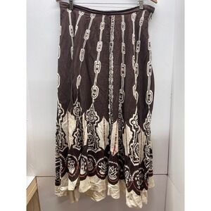 Ishyu Brown Linen Blend Chain Tribal Print Sequin Midi Skirt Sz 14 Boho Festival